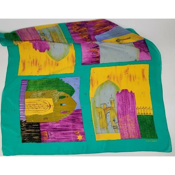 VTG Silk Scarf Hand Painted Middle Eastern Design 34" Square by Ellen Tracy - Picture 2 of 6